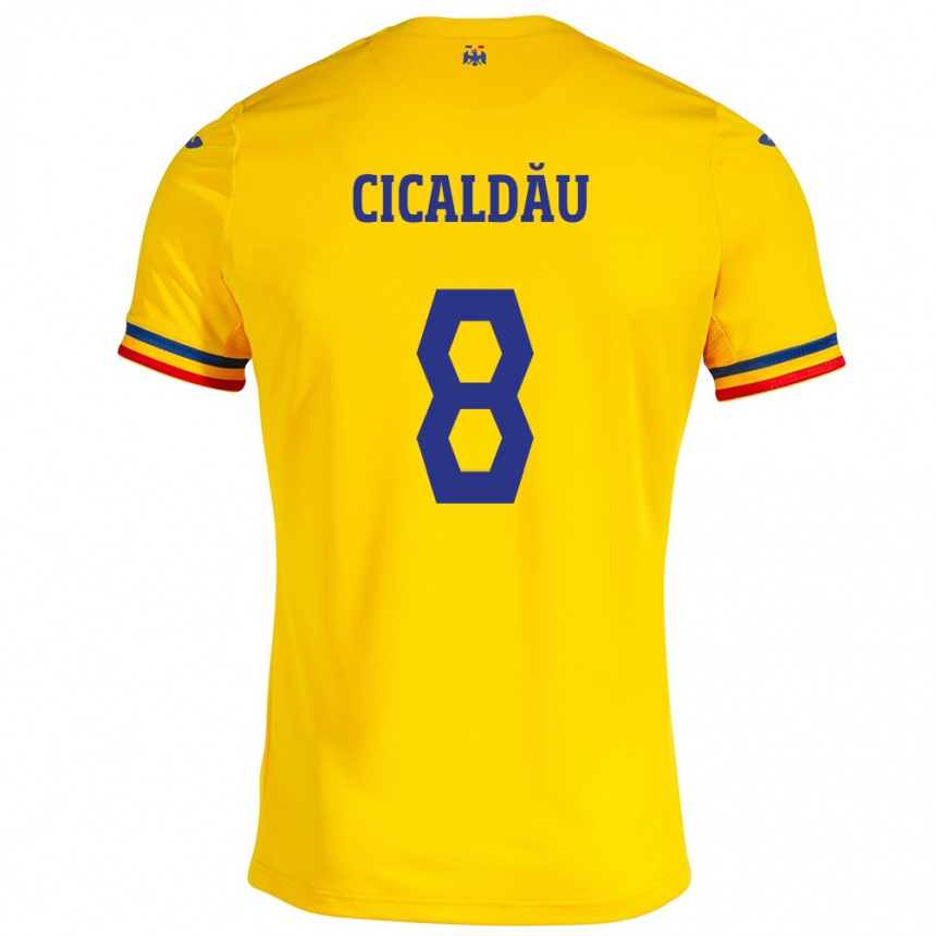 Kids Football Romania Alexandru Cicâldău #8 Yellow Home Jersey 24-26 T-Shirt Canada