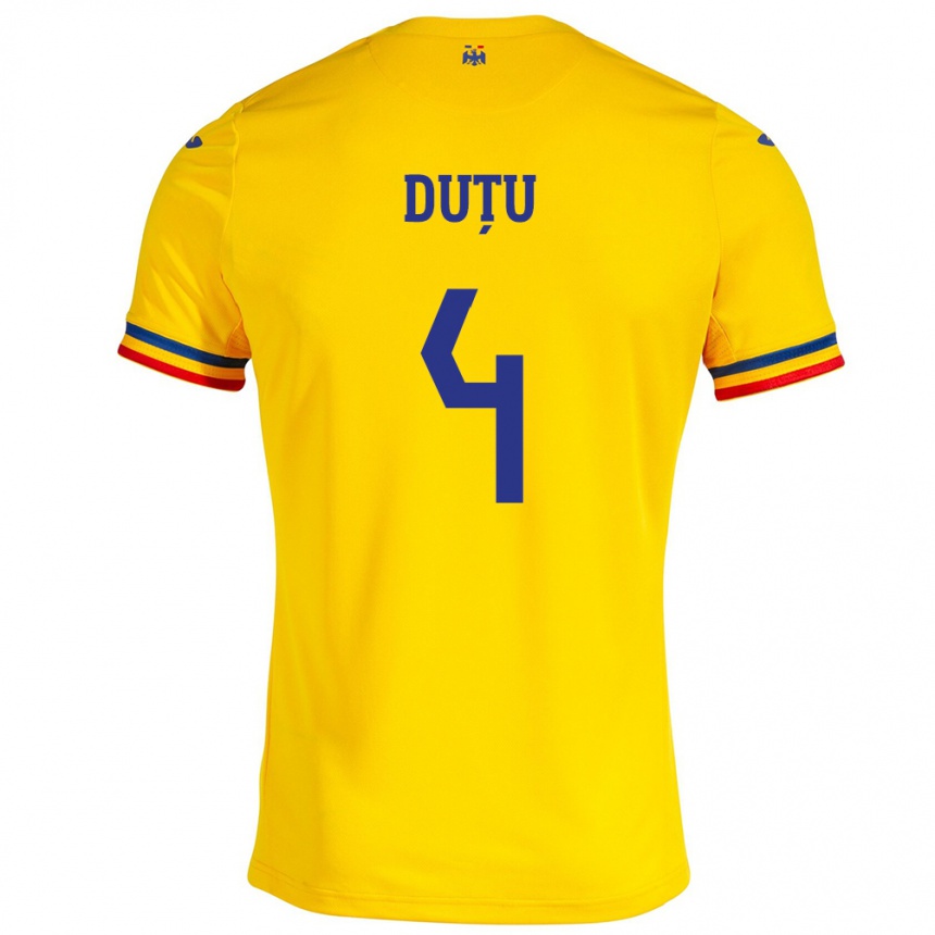 Men Football Romania Ștefan Duțu #4 Yellow Home Jersey 24-26 T-Shirt Canada