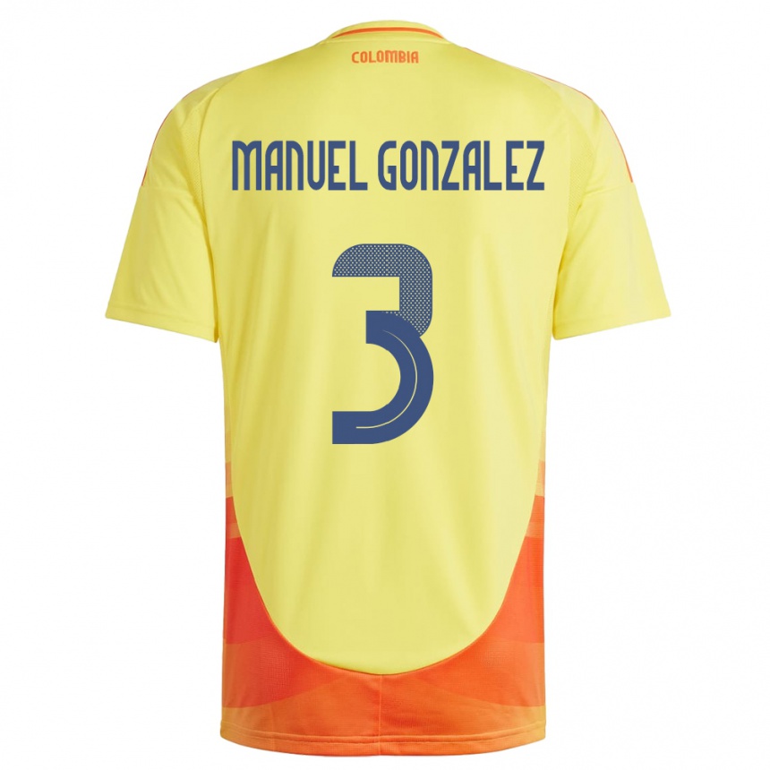 Kids Football Colombia Carlos Manuel González #3 Yellow Home Jersey 24-26 T-Shirt Canada