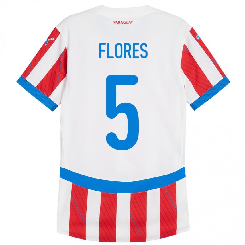 Kids Football Paraguay Gilberto Flores #5 White Red Home Jersey 24-26 T-Shirt Canada