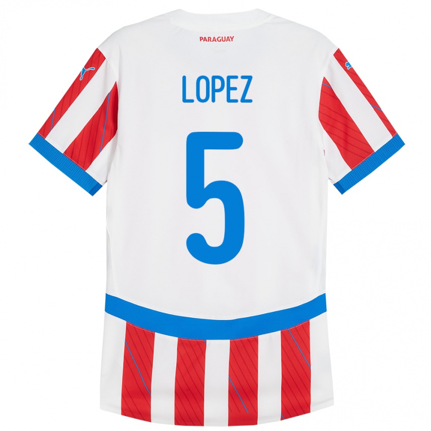 Kids Football Paraguay Óscar López #5 White Red Home Jersey 24-26 T-Shirt Canada