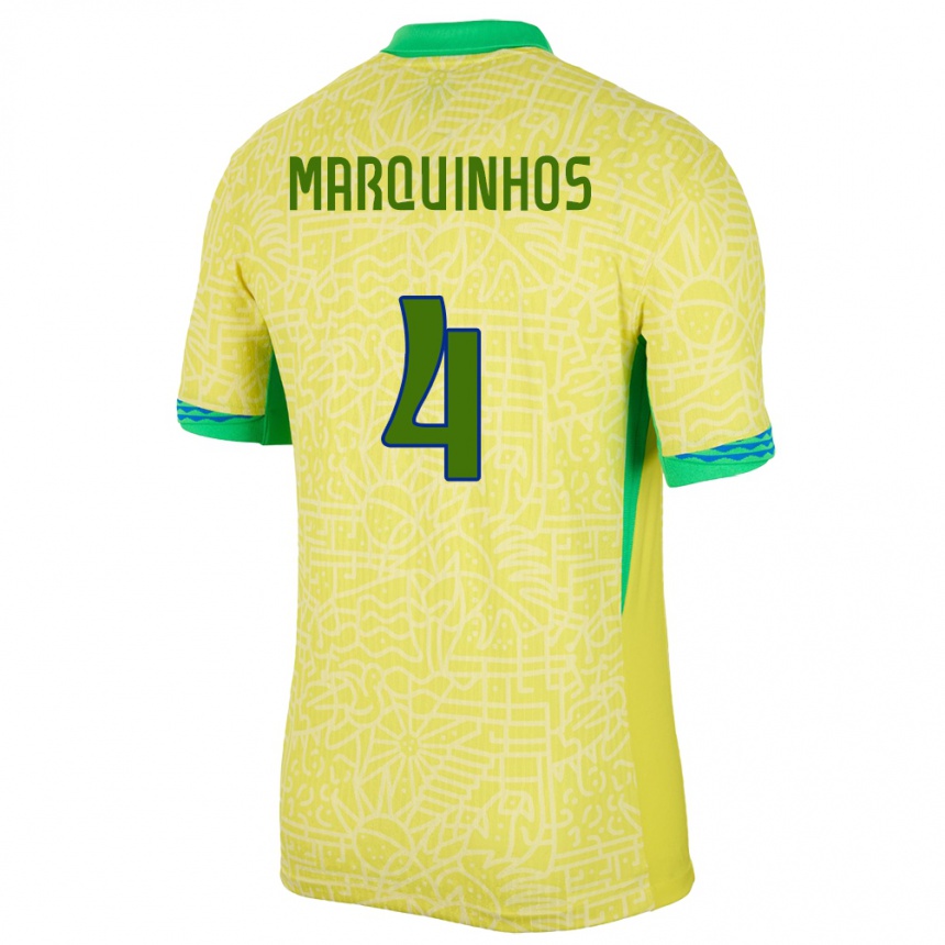 Men Football Brazil Marquinhos #4 Yellow Home Jersey 24-26 T-Shirt Canada