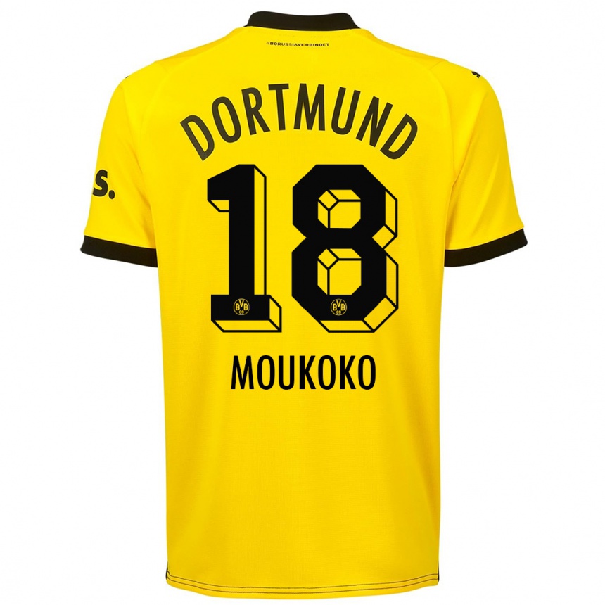 Kids  Youssoufa Moukoko #18 Yellow Home Jersey 2023/24 T-Shirt Canada