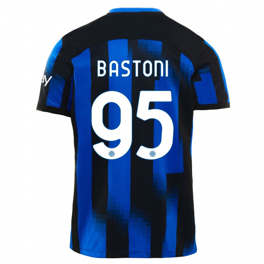 Kids  Alessandro Bastoni #95 Black Blue Home Jersey 2023/24 T-Shirt Canada