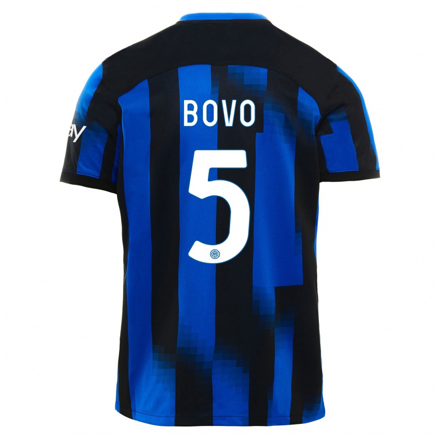 Kids  Leonardo Bovo #5 Black Blue Home Jersey 2023/24 T-Shirt Canada