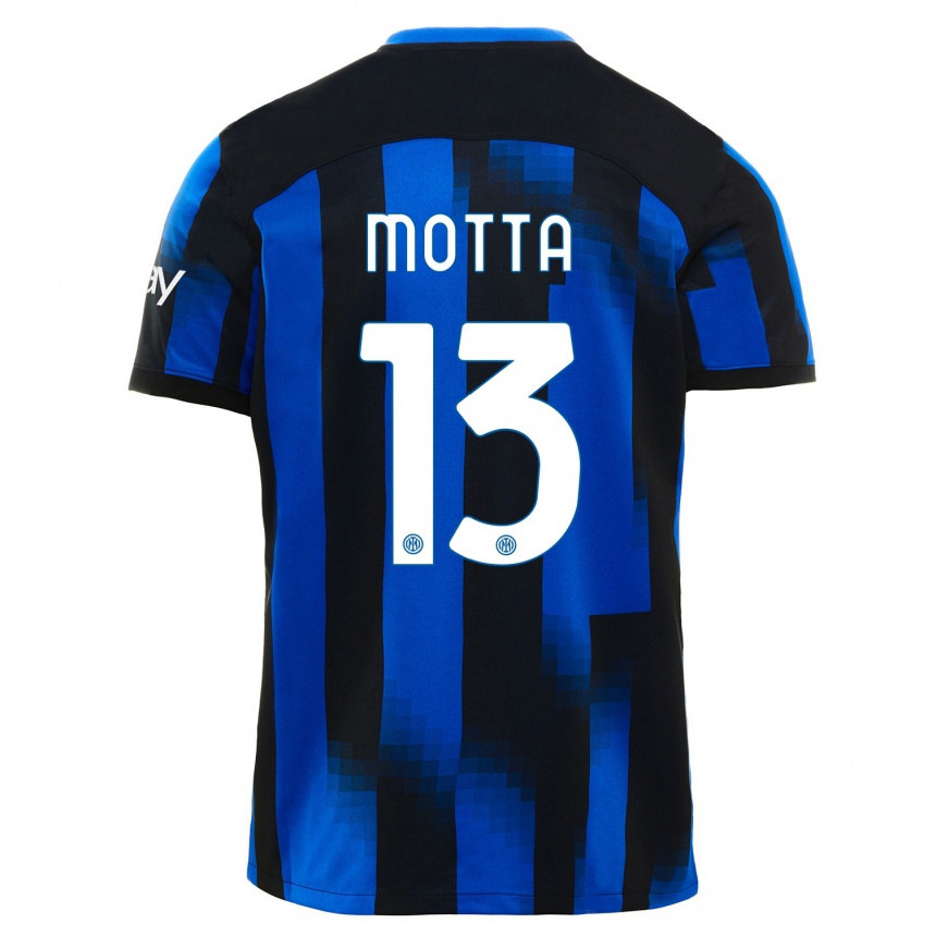 Kids  Matteo Motta #13 Black Blue Home Jersey 2023/24 T-Shirt Canada