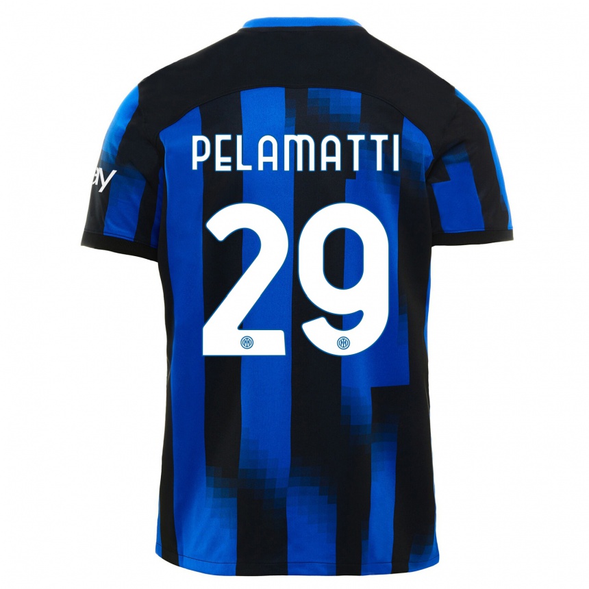 Kids Andrea Pelamatti #29 Black Blue Home Jersey 2023/24 T-Shirt Canada