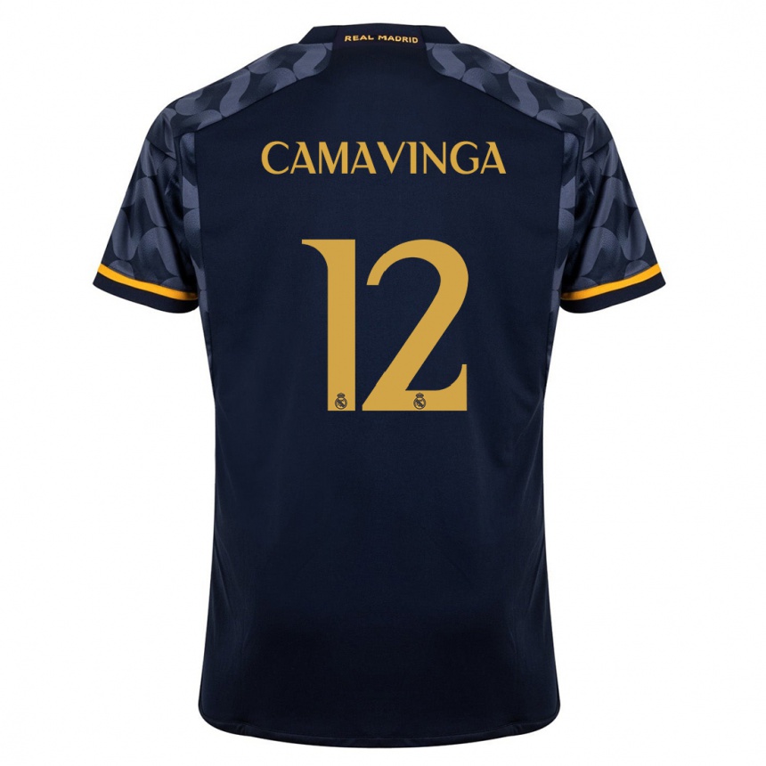 Kids  Eduardo Camavinga #12 Dark Blue Away Jersey 2023/24 T-Shirt Canada