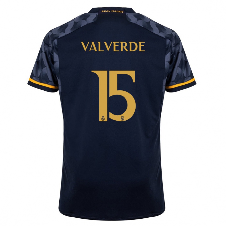 Kids Federico Valverde #15 Dark Blue Away Jersey 2023/24 T-Shirt Canada