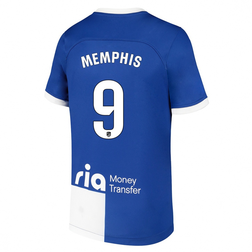 Kids  Memphis Depay #9 Blue White Away Jersey 2023/24 T-Shirt Canada