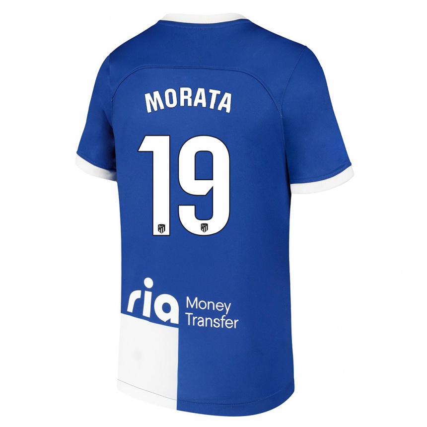 Kids  Alvaro Morata #19 Blue White Away Jersey 2023/24 T-Shirt Canada