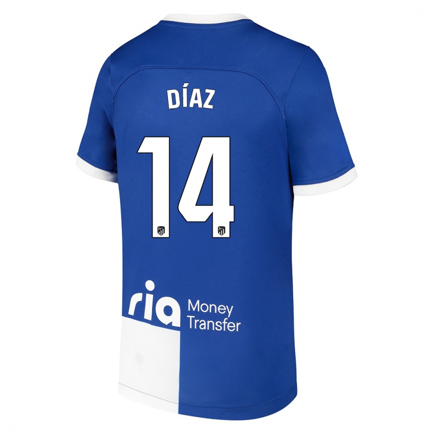 Kids  Javier Díaz #14 Blue White Away Jersey 2023/24 T-Shirt Canada