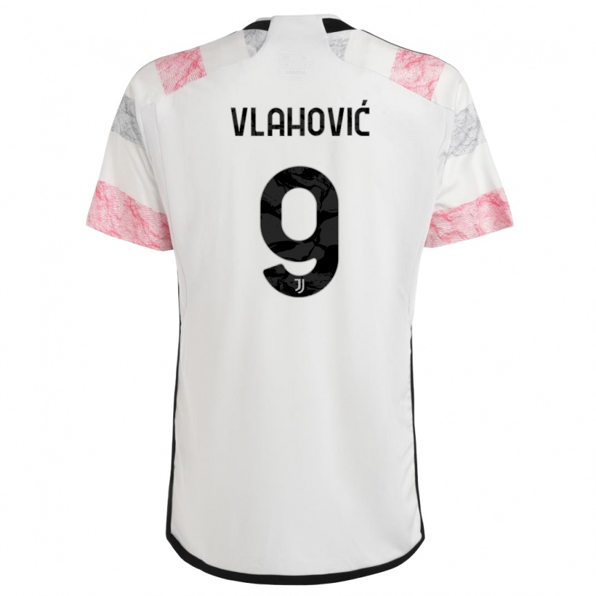 Kids Dusan Vlahovic #9 White Pink Away Jersey 2023/24 T-Shirt Canada