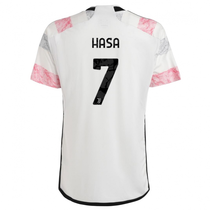 Kids Luis Hasa #7 White Pink Away Jersey 2023/24 T-Shirt Canada