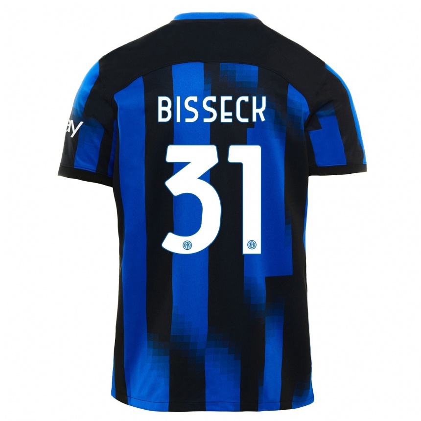 Women  Yann Bisseck #31 Black Blue Home Jersey 2023/24 T-Shirt Canada