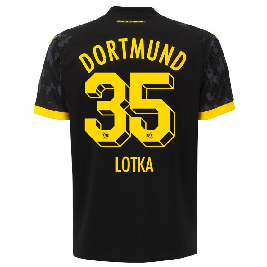 Women  Marcel Lotka #35 Black Away Jersey 2023/24 T-Shirt Canada