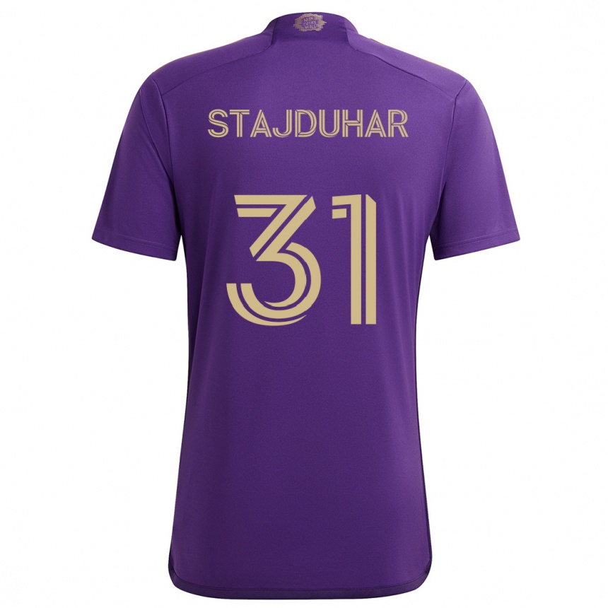 Kids Football Mason Stajduhar #31 Purple Yellow Home Jersey 2024/25 T-Shirt Canada