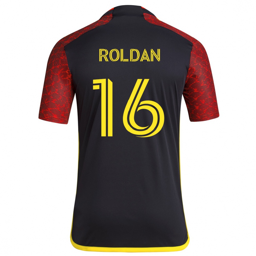 Kids Football Álex Roldán #16 Red Black Away Jersey 2024/25 T-Shirt Canada