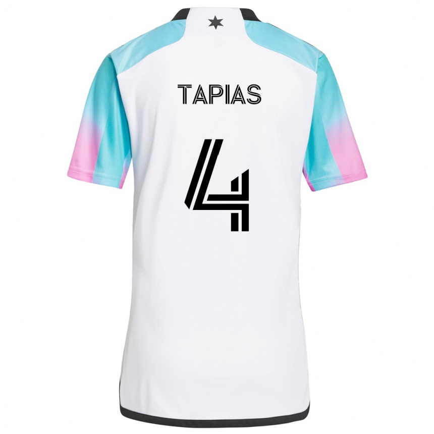 Kids Football Miguel Tapias #4 White Blue Black Away Jersey 2024/25 T-Shirt Canada