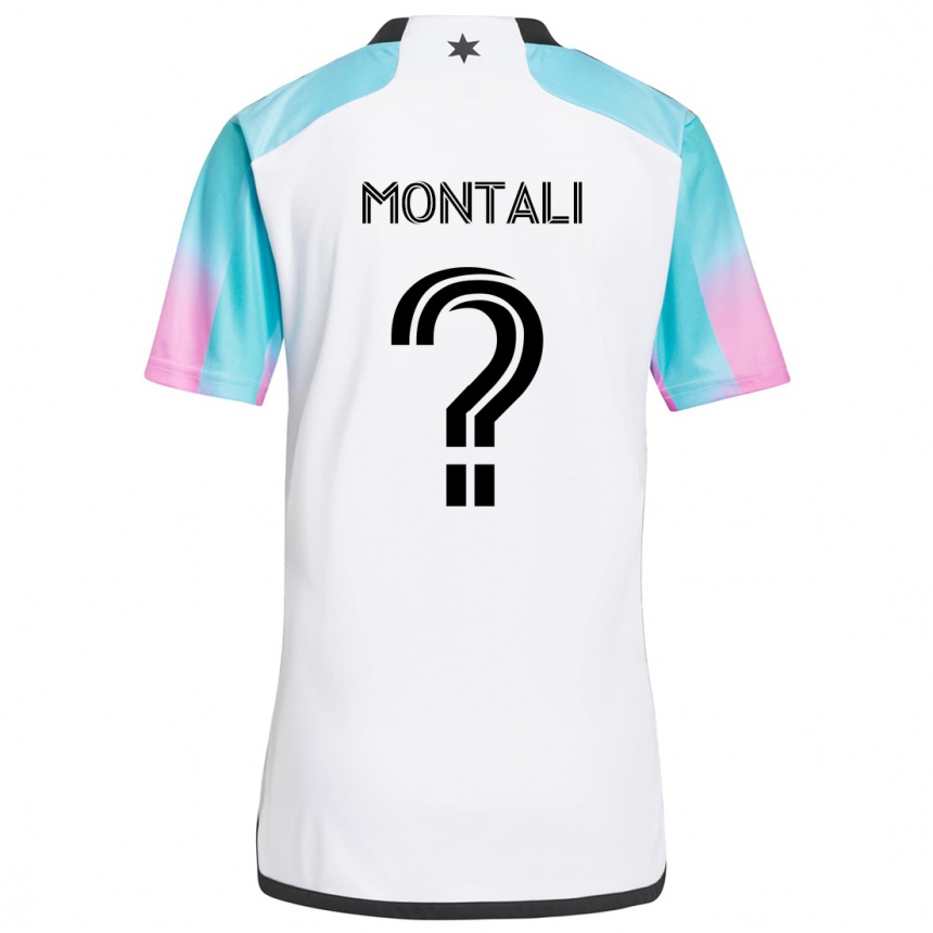 Kids Football Francesco Montali #0 White Blue Black Away Jersey 2024/25 T-Shirt Canada