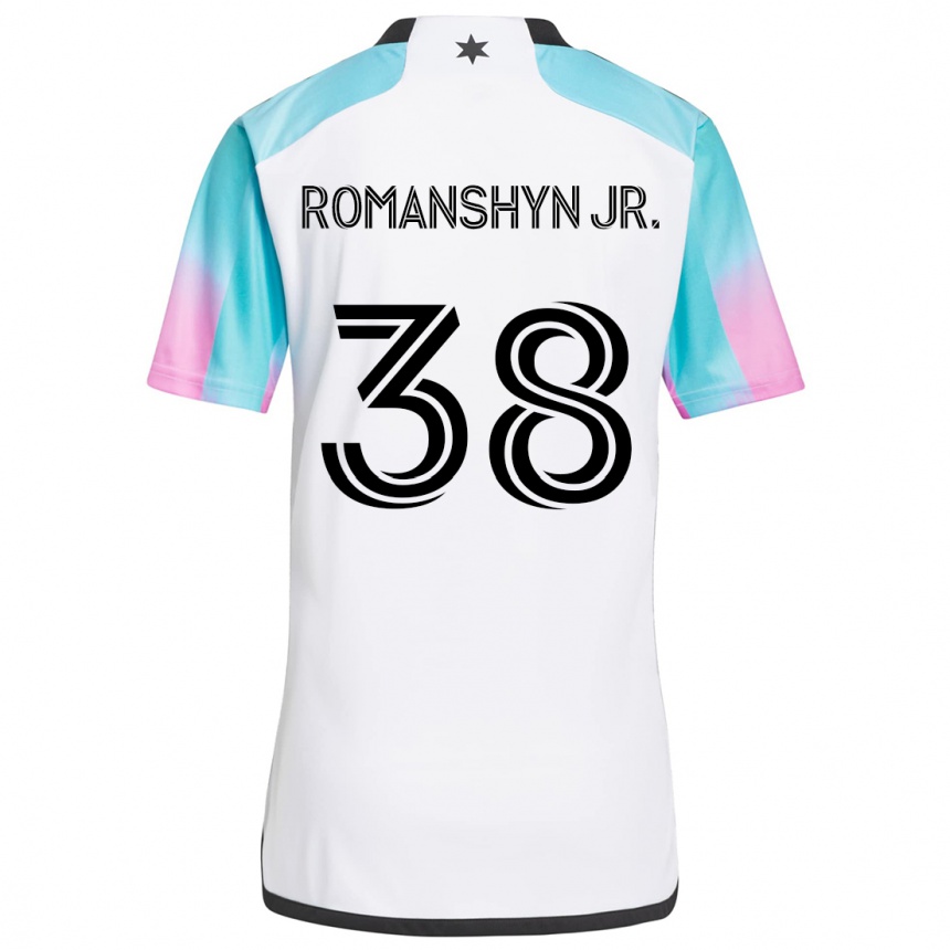 Kids Football Kage Romanshyn Jr. #38 White Blue Black Away Jersey 2024/25 T-Shirt Canada