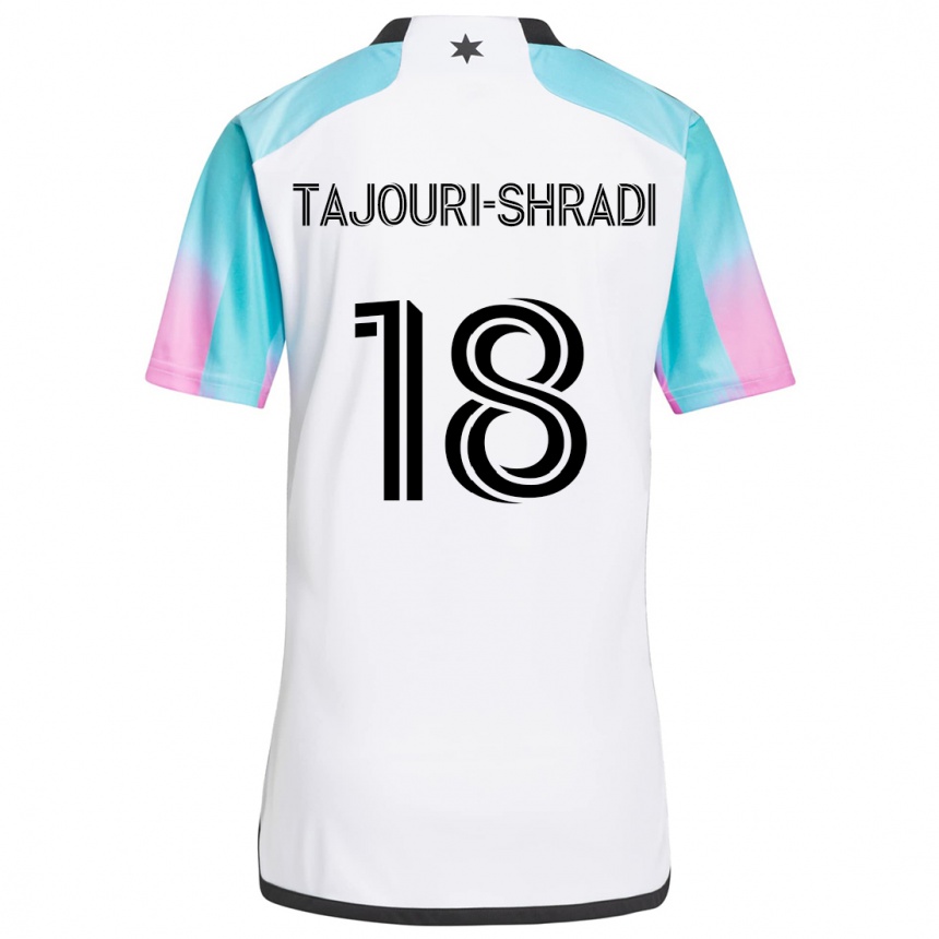 Kids Football Ismael Tajouri-Shradi #18 White Blue Black Away Jersey 2024/25 T-Shirt Canada