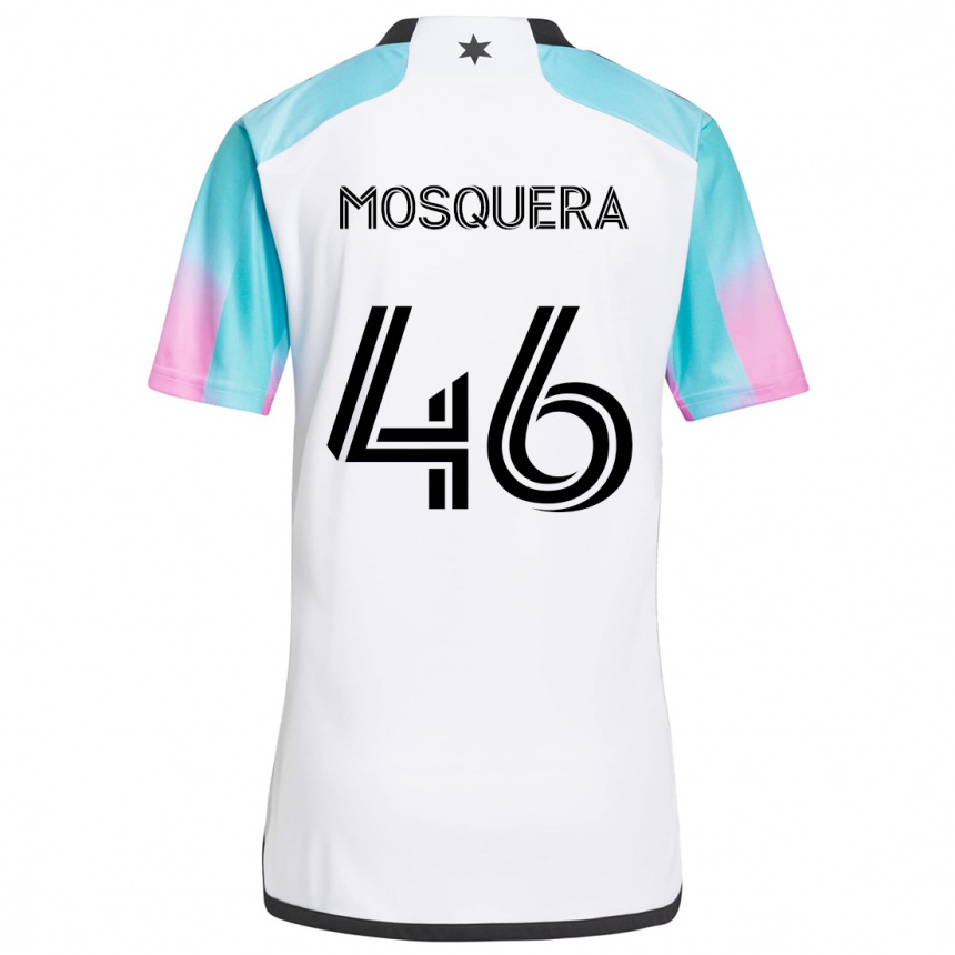 Kids Football Juan Camilo Mosquera #46 White Blue Black Away Jersey 2024/25 T-Shirt Canada