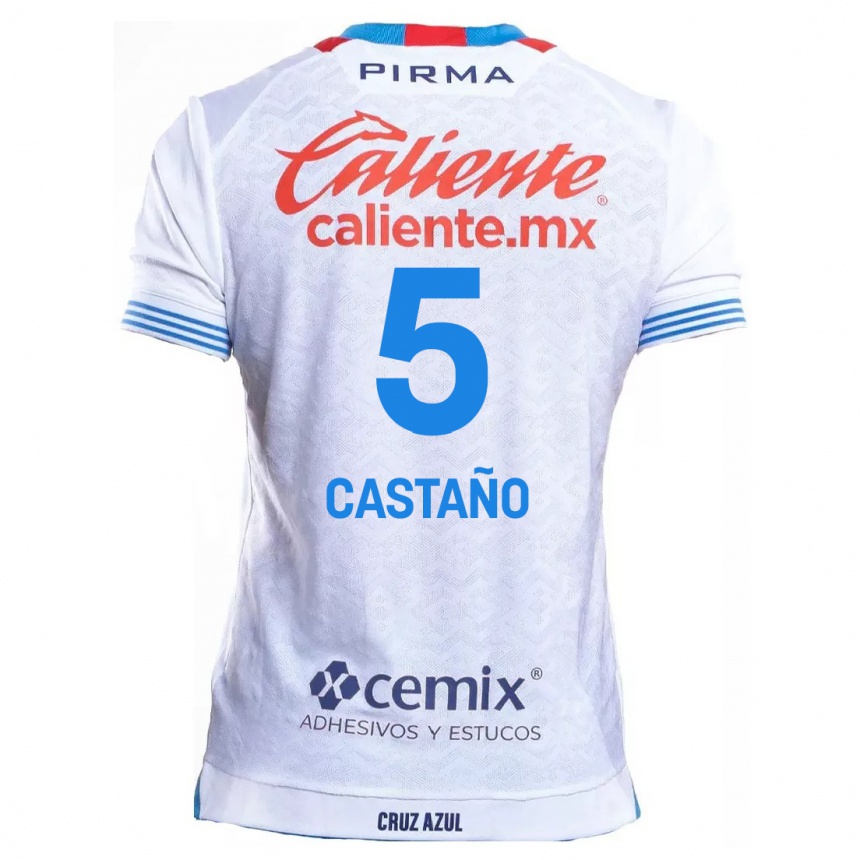 Kids Football Kevin Castaño #5 White Blue Away Jersey 2024/25 T-Shirt Canada