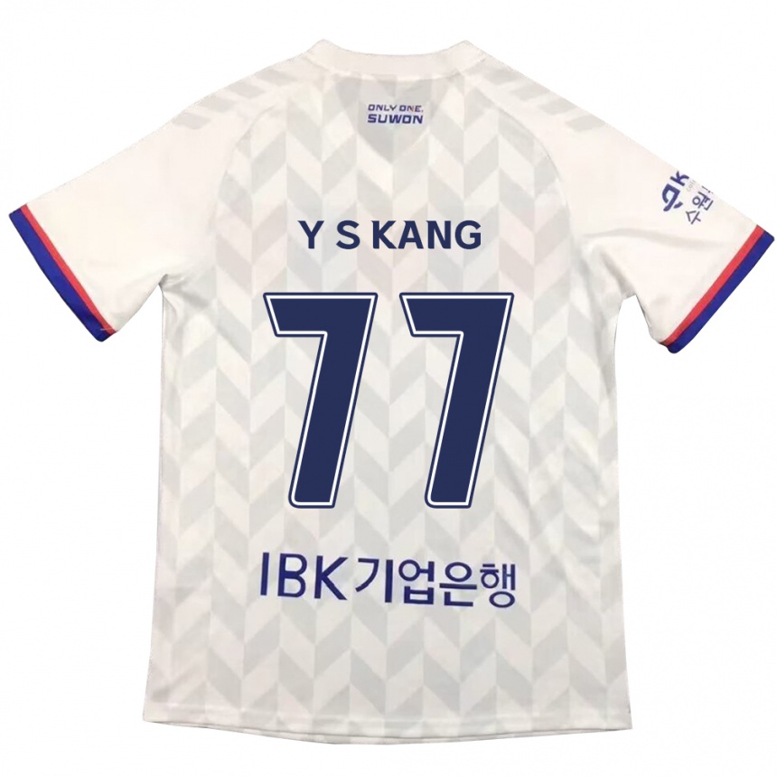 Enfant Football Maillot Sang-Yun Kang #77 Blanc Bleu Tenues Extérieur 2024/25 Canada