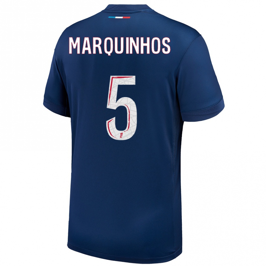 Kids Football Marquinhos #5 Navy Blue White Home Jersey 2024/25 T-Shirt Canada