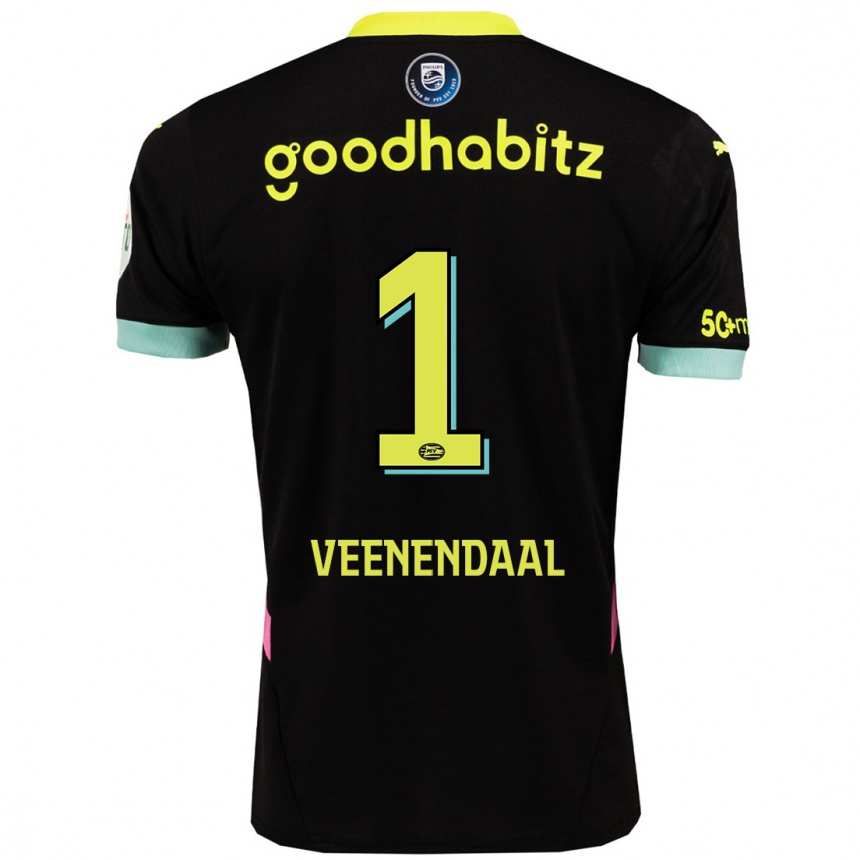 Kids Football Sari Van Veenendaal #1 Black Yellow Away Jersey 2024/25 T-Shirt Canada