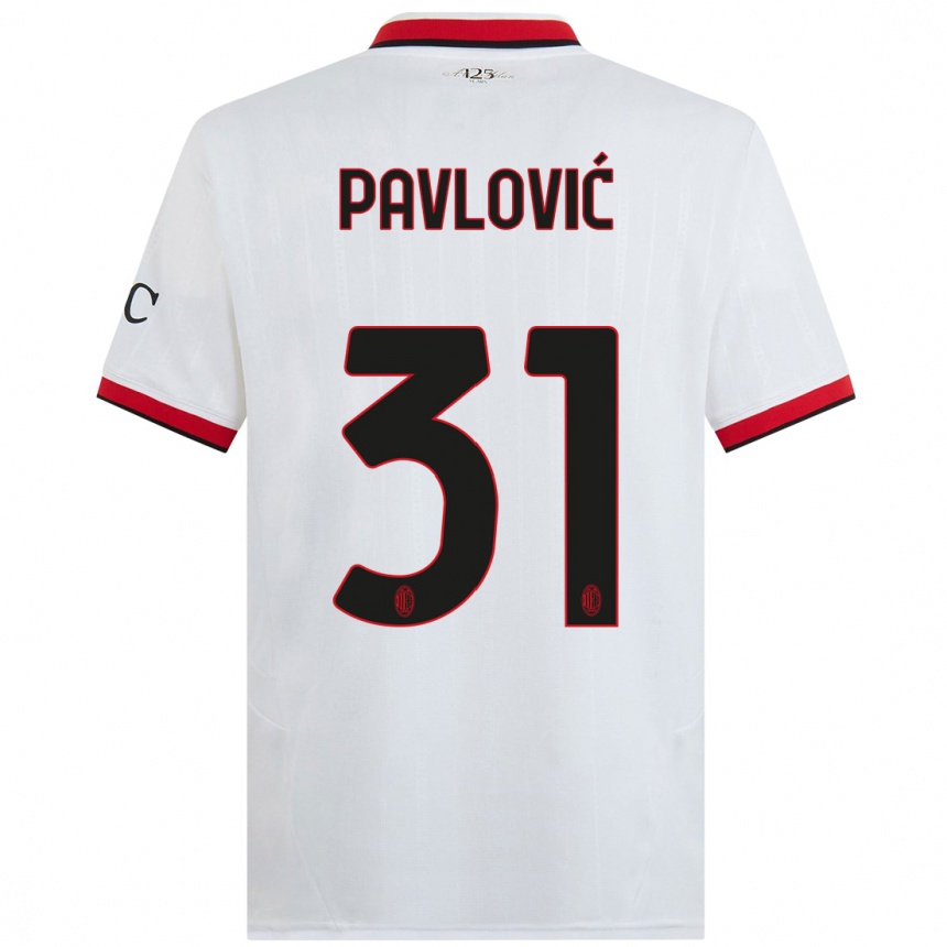 Kids Football Strahinja Pavlović #31 White Black Red Away Jersey 2024/25 T-Shirt Canada