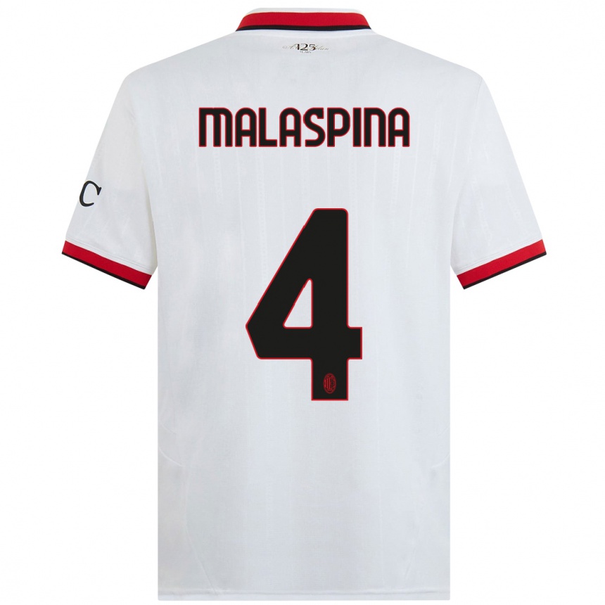 Kids Football Mattia Malaspina #4 White Black Red Away Jersey 2024/25 T-Shirt Canada