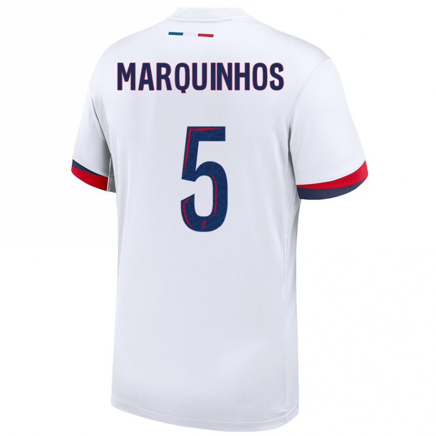 Kids Football Marquinhos #5 White Blue Red Away Jersey 2024/25 T-Shirt Canada