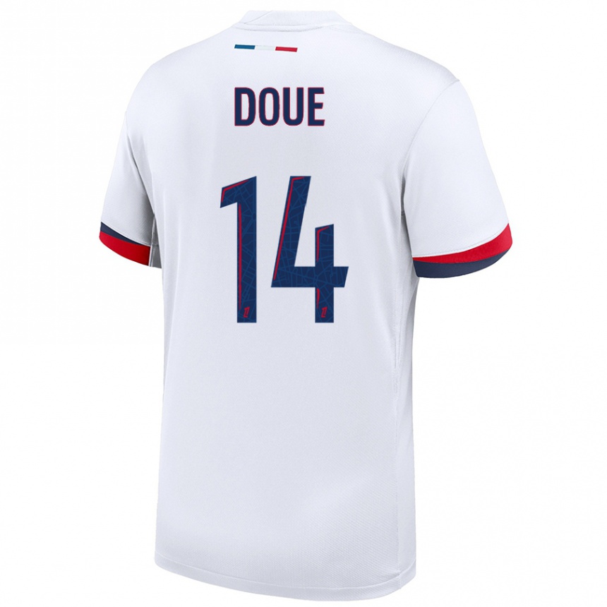 Kids Football Désiré Doué #14 White Blue Red Away Jersey 2024/25 T-Shirt Canada