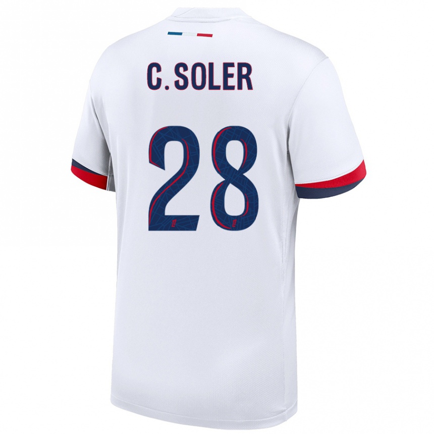 Kids Football Carlos Soler #28 White Blue Red Away Jersey 2024/25 T-Shirt Canada