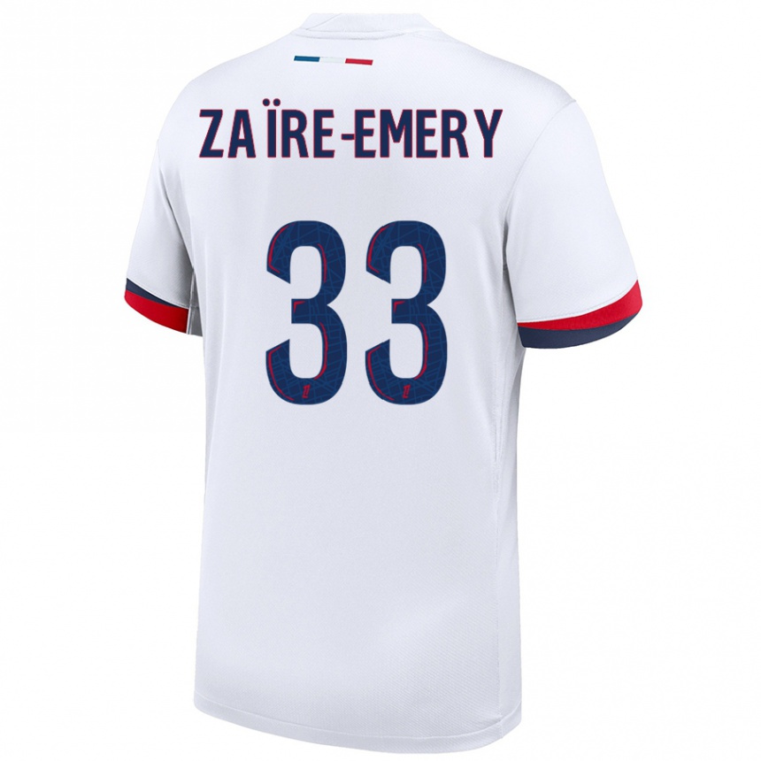 Kids Football Warren Zaire Emery #33 White Blue Red Away Jersey 2024/25 T-Shirt Canada