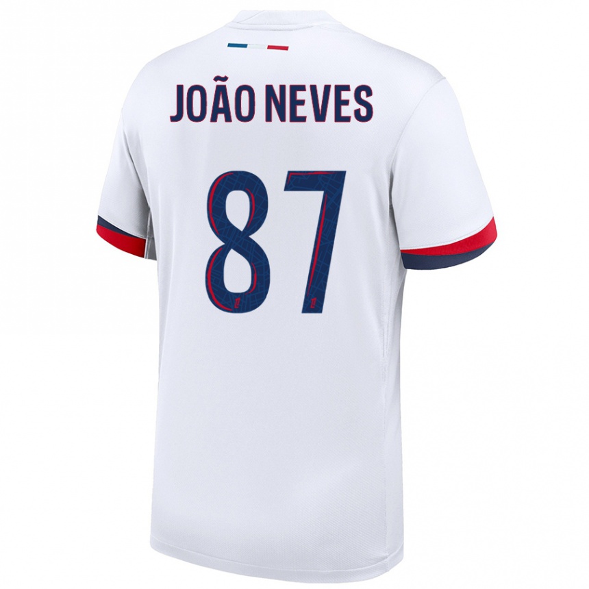 Kids Football João Neves #87 White Blue Red Away Jersey 2024/25 T-Shirt Canada