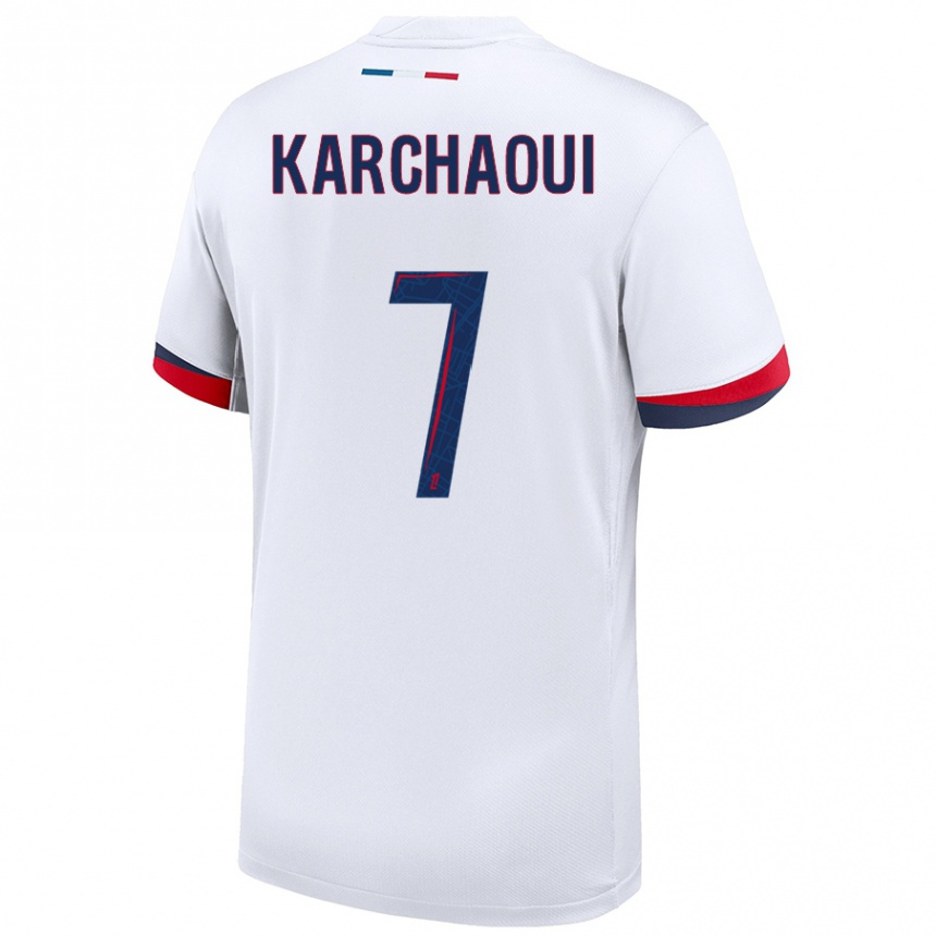 Kids Football Sakina Karchaoui #7 White Blue Red Away Jersey 2024/25 T-Shirt Canada