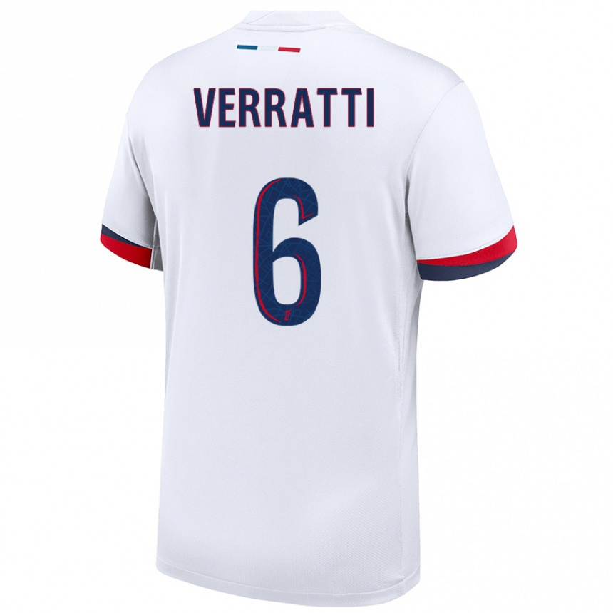 Kids Football Marco Verratti #6 White Blue Red Away Jersey 2024/25 T-Shirt Canada