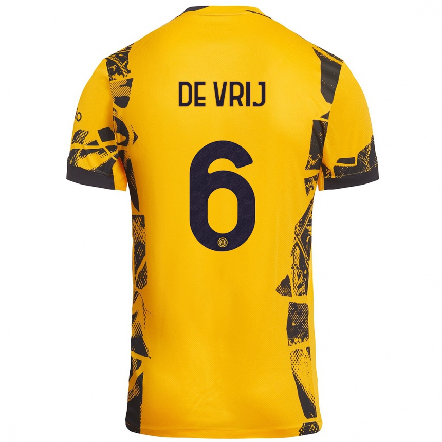 Kids Football Stefan De Vrij #6 Gold Black Third Jersey 2024/25 T-Shirt Canada