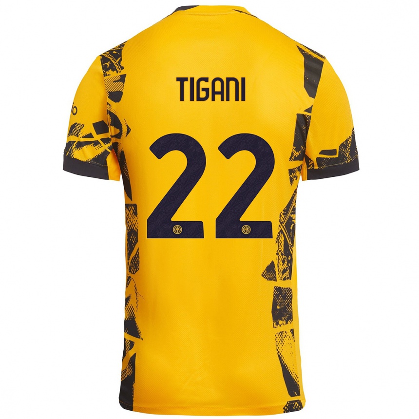 Kids Football Edoardo Tigani #22 Gold Black Third Jersey 2024/25 T-Shirt Canada