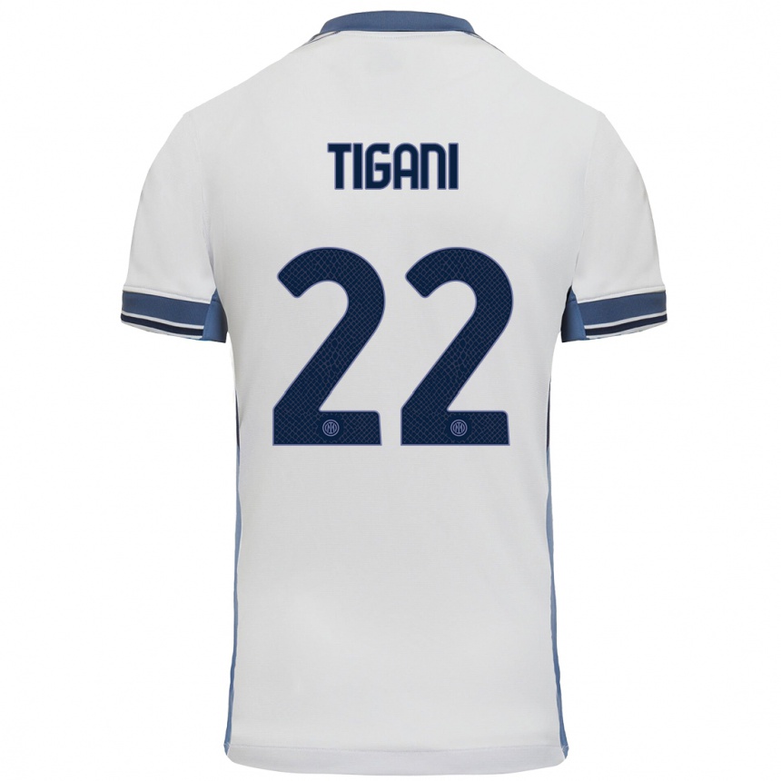 Women Football Edoardo Tigani #22 White Grey Away Jersey 2024/25 T-Shirt Canada