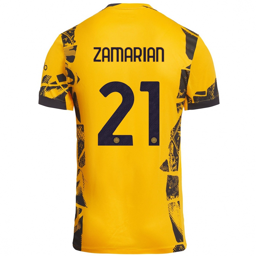 Women Football Matteo Zamarian #21 Gold Black Third Jersey 2024/25 T-Shirt Canada