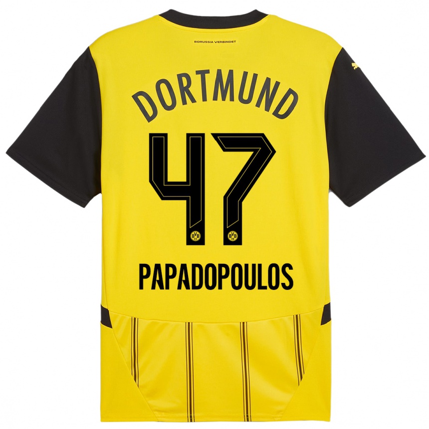 Kids Football Antonios Papadopoulos #47 Yellow Black Home Jersey 2024/25 T-Shirt Canada