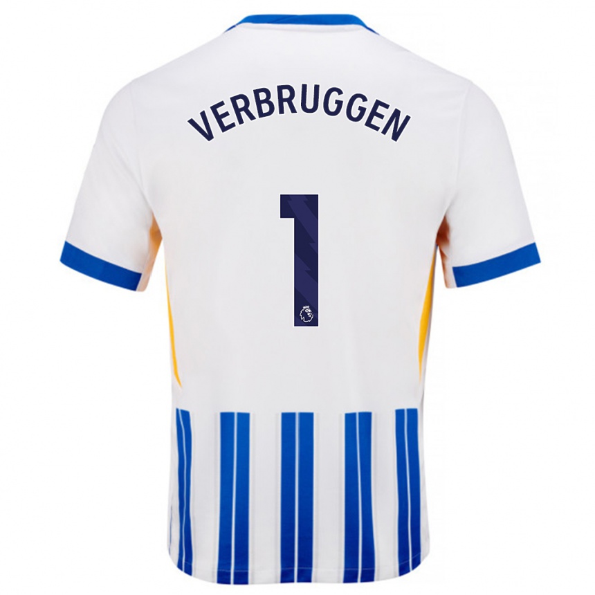 Enfant Football Maillot Bart Verbruggen #1 Blanc Bleu À Rayures Fines Tenues Domicile 2024/25 Canada