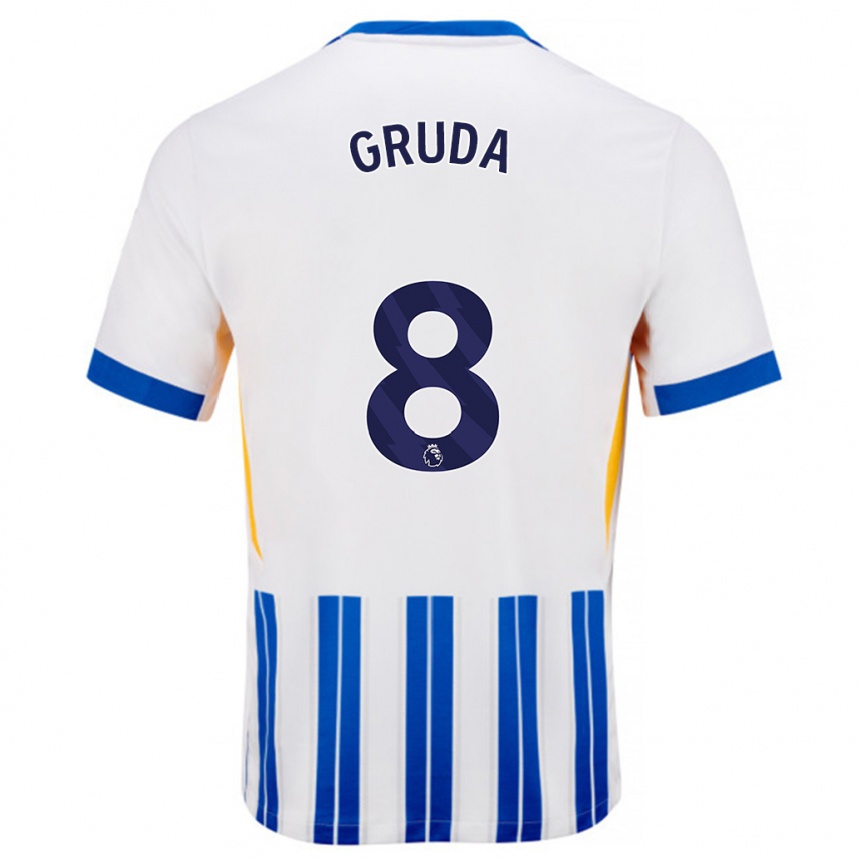 Enfant Football Maillot Brajan Gruda #8 Blanc Bleu À Rayures Fines Tenues Domicile 2024/25 Canada