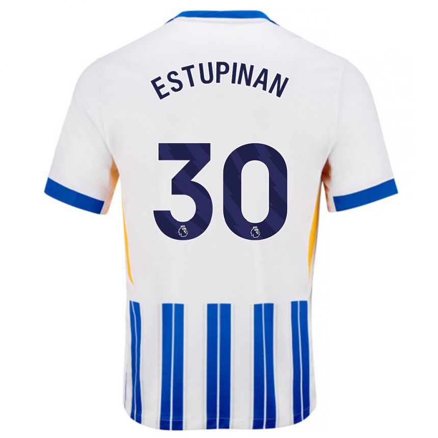 Enfant Football Maillot Pervis Estupiñán #30 Blanc Bleu À Rayures Fines Tenues Domicile 2024/25 Canada