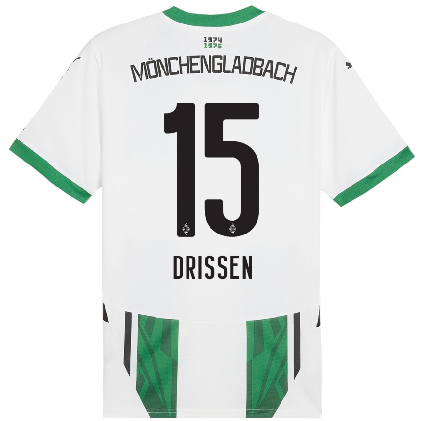 Kids Football Sam Drissen #15 White Green Home Jersey 2024/25 T-Shirt Canada