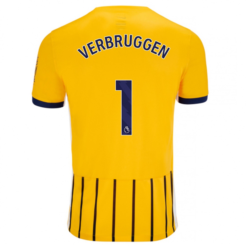 Enfant Football Maillot Bart Verbruggen #1 Doré Bleu À Fines Rayures Tenues Extérieur 2024/25 Canada